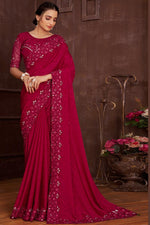 Load image into Gallery viewer, Embroidered Border Work On Chinon Fabric Party Wear Superior Saree In Rani Color
