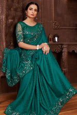 Load image into Gallery viewer, Embroidered Border Work Teal Color Chinon Fabric Adorming Party Wear Saree
