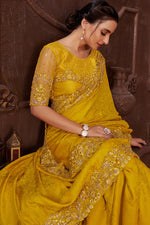 Load image into Gallery viewer, Yellow Color Embroidered Border Work On Chinon Fabric Party Wear Divine Saree
