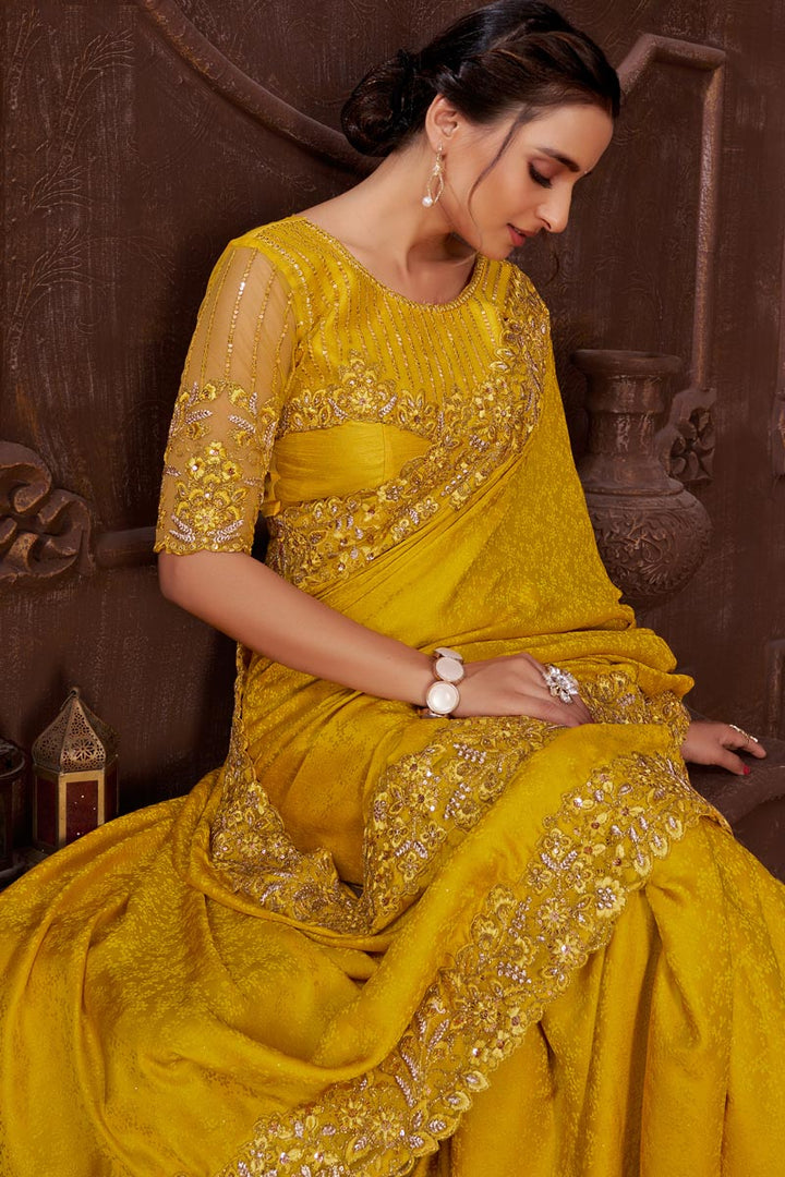 Yellow Color Embroidered Border Work On Chinon Fabric Party Wear Divine Saree