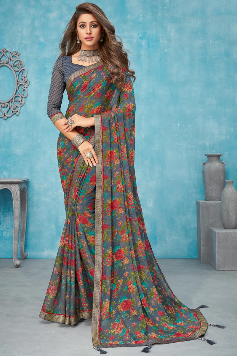 Grey Color Regular Wear Chiffon Fabric Floral Printed Saree