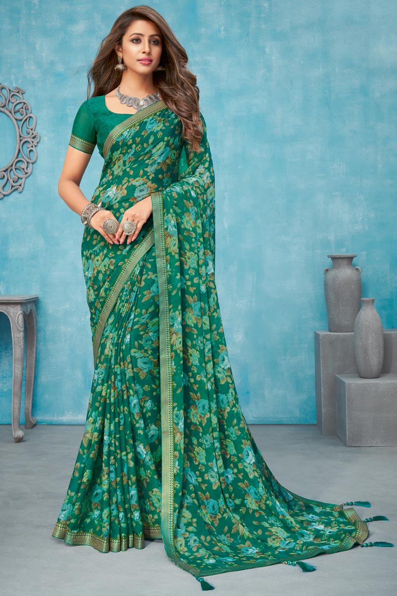 Chiffon Fabric Green Color Floral Printed Regular Wear Saree | Buy Online India
