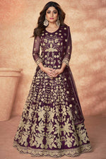Load image into Gallery viewer, Net Fabric Wine Color Function Wear Adorable Embroidered Anarkali Suit Featuring Shamita Shetty
