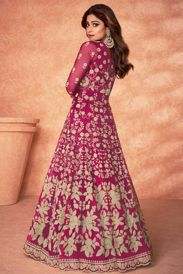 Net Fabric Magenta Color Function Wear  Enchanting Embroidered Anarkali Suit Featuring Shamita Shetty