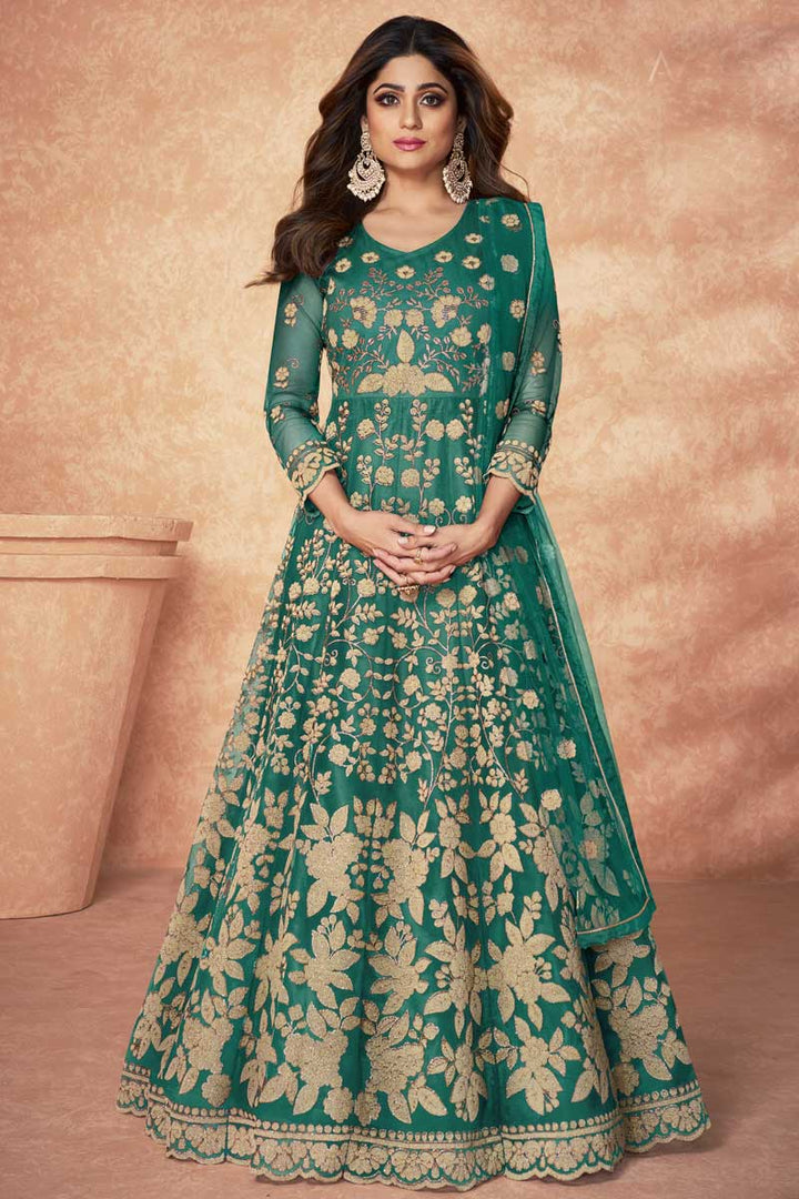 Net Fabric Green Color Function Wear Beatific Embroidered Anarkali Suit Featuring Shamita Shetty
