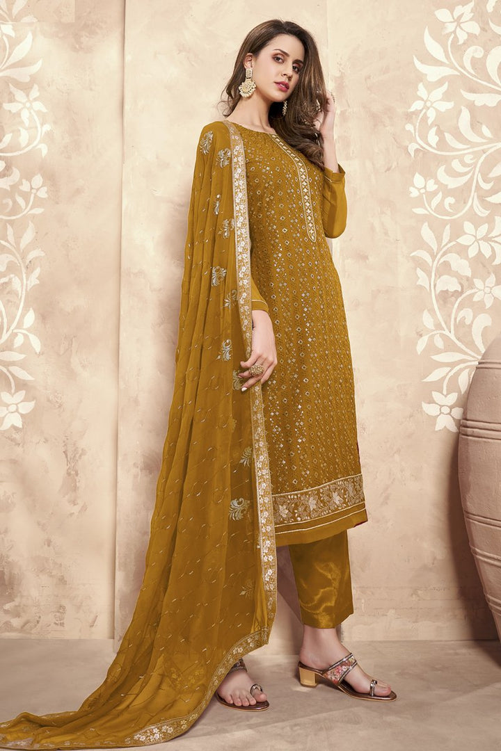 Georgette Fabric Festive Wear Embroidered Salwar Suit In Mustard Color