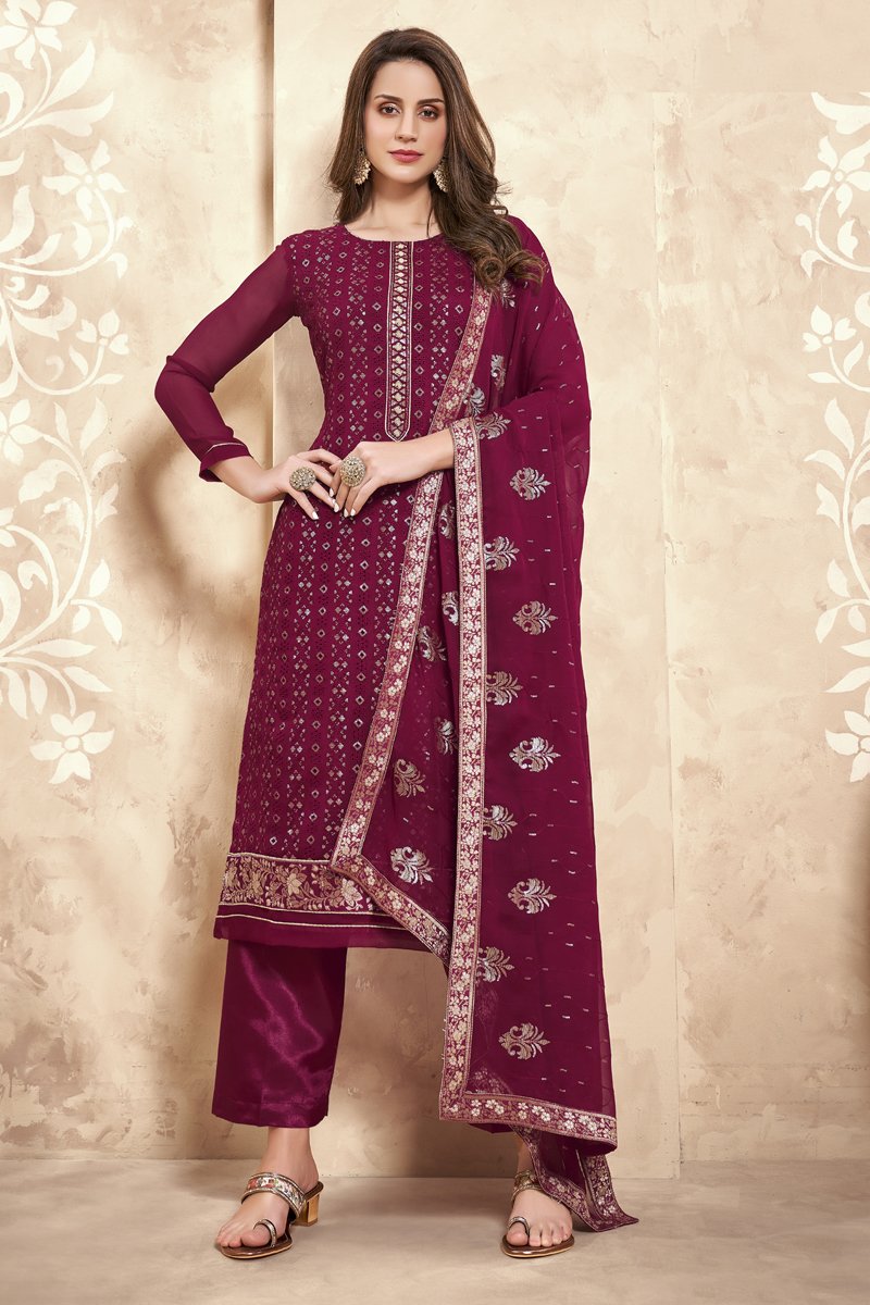 Purple Color Georgette Fabric Fancy Embroidered Function Wear Salwar Kameez