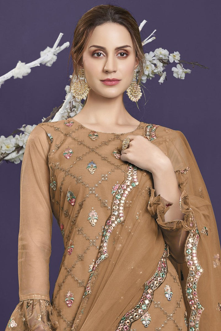 Reception Wear Net Fabric Brown Color Embroidered Designer Sharara Suit