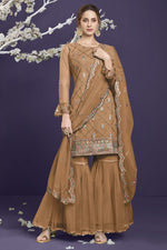 Load image into Gallery viewer, Reception Wear Net Fabric Brown Color Embroidered Designer Sharara Suit
