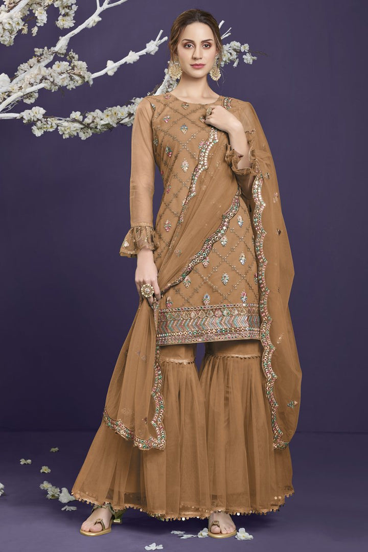 Reception Wear Net Fabric Brown Color Embroidered Designer Sharara Suit