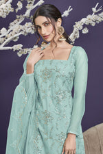 Load image into Gallery viewer, Light Cyan Color Festive Wear Embroidered Net Fabric Designer Sharara Suit
