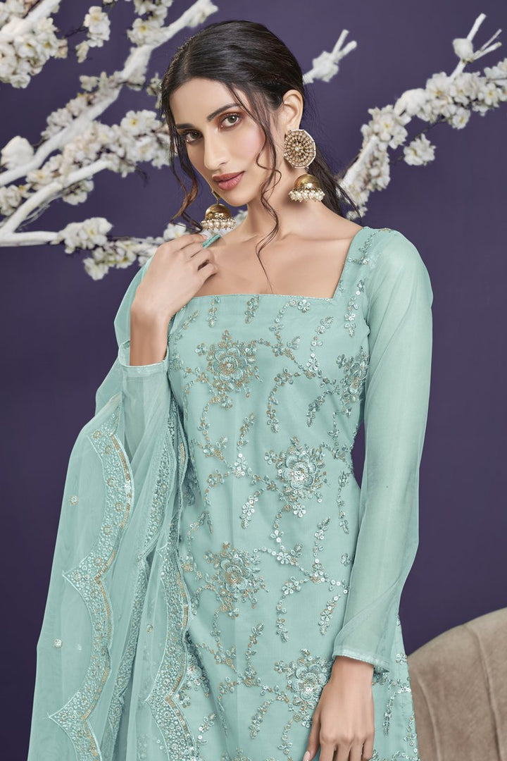 Light Cyan Color Festive Wear Embroidered Net Fabric Designer Sharara Suit