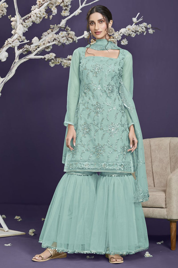 Light Cyan Color Festive Wear Embroidered Net Fabric Designer Sharara Suit