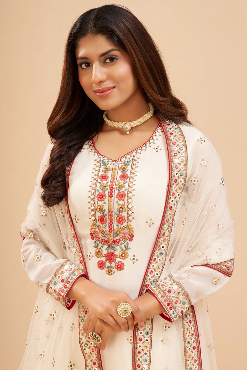 White Color Embroidered Aristocratic Sharara Suit In Georgette Fabric