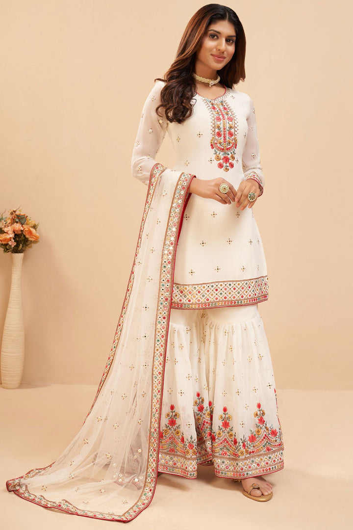 White Color Embroidered Aristocratic Sharara Suit In Georgette Fabric