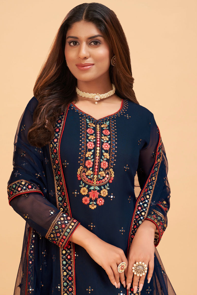 Georgette Fabric Navy Blue Color Sensational Embroidered Sharara Suit