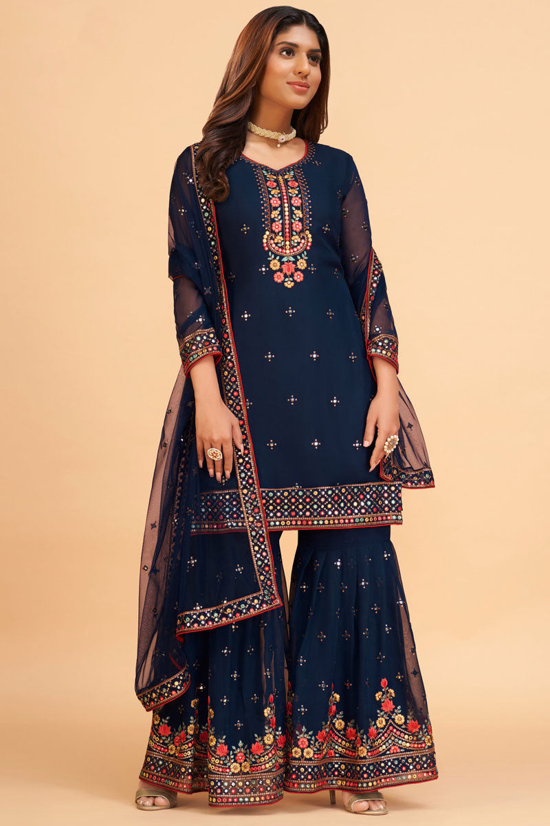 Georgette Fabric Navy Blue Color Sensational Embroidered Sharara Suit