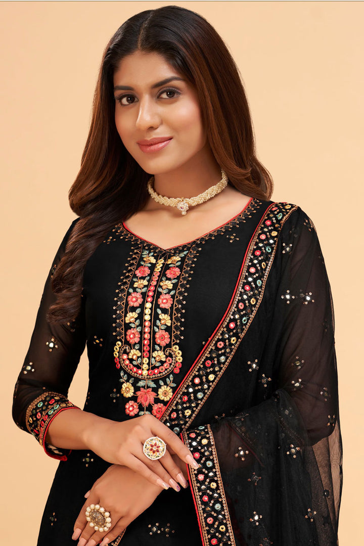 Black Color Georgette Fabric Supreme Embroidered Sharara Suit