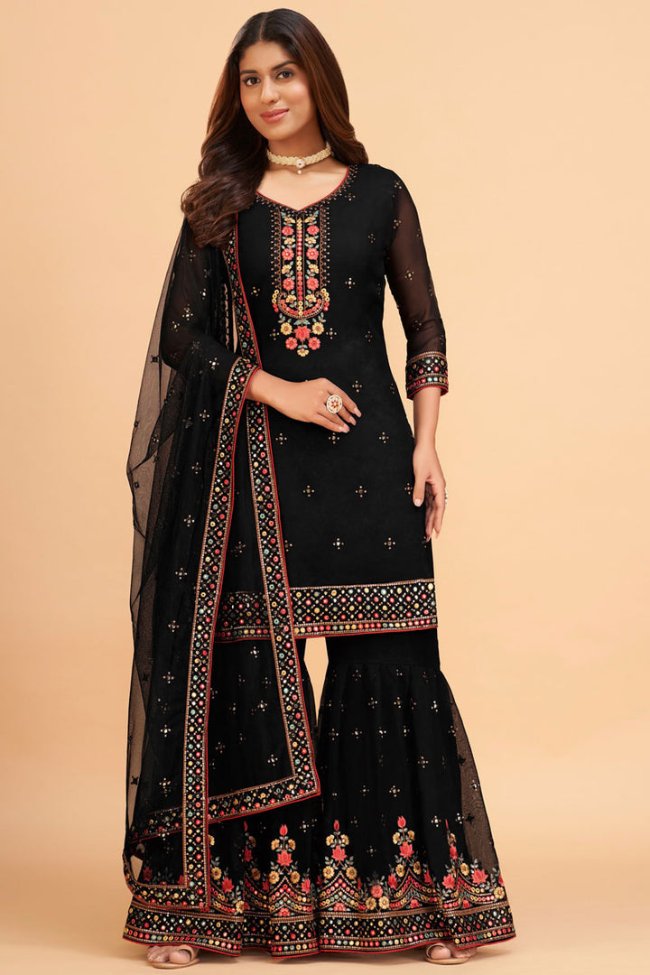 Black Color Georgette Fabric Supreme Embroidered Sharara Suit