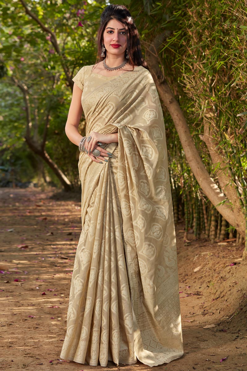 Party Wear Cream Color Fancy Cotton Silk Fabric Printed Saree
