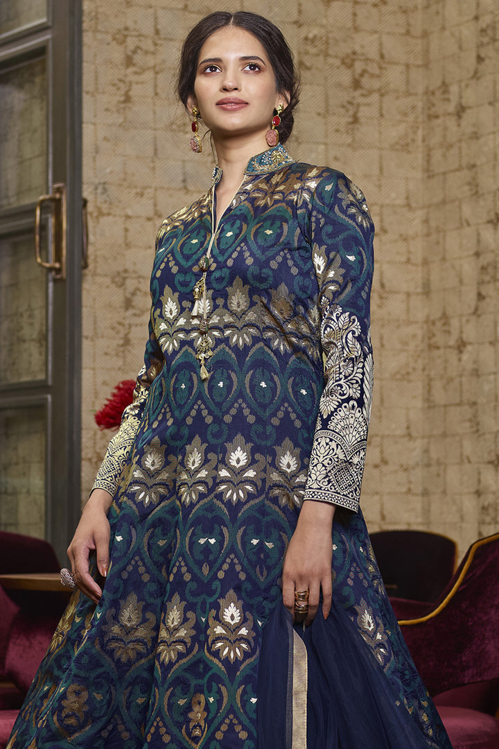 Function Wear Navy Blue Color Jacquard Fabric Readymade Anarkali With Leggings