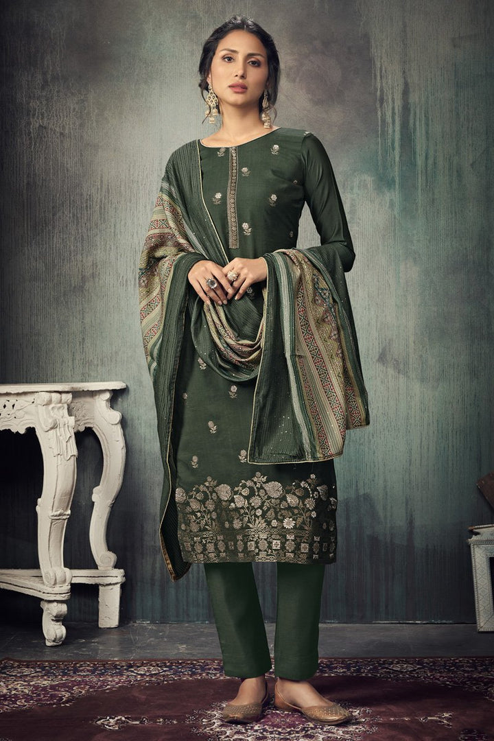 Festive Wear Jacquard Fabric Dark Grey Color Weaving Work Designer Salwar Kameez