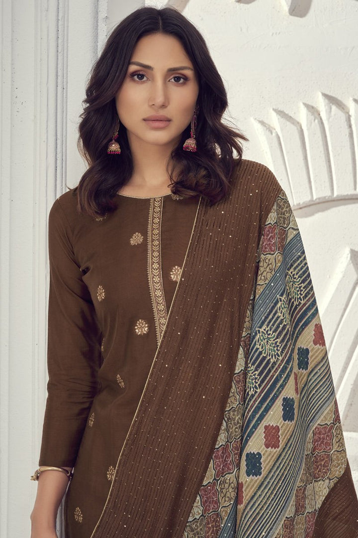 Jacquard Function Wear Weaving Work Fancy Salwar Suit In Brown