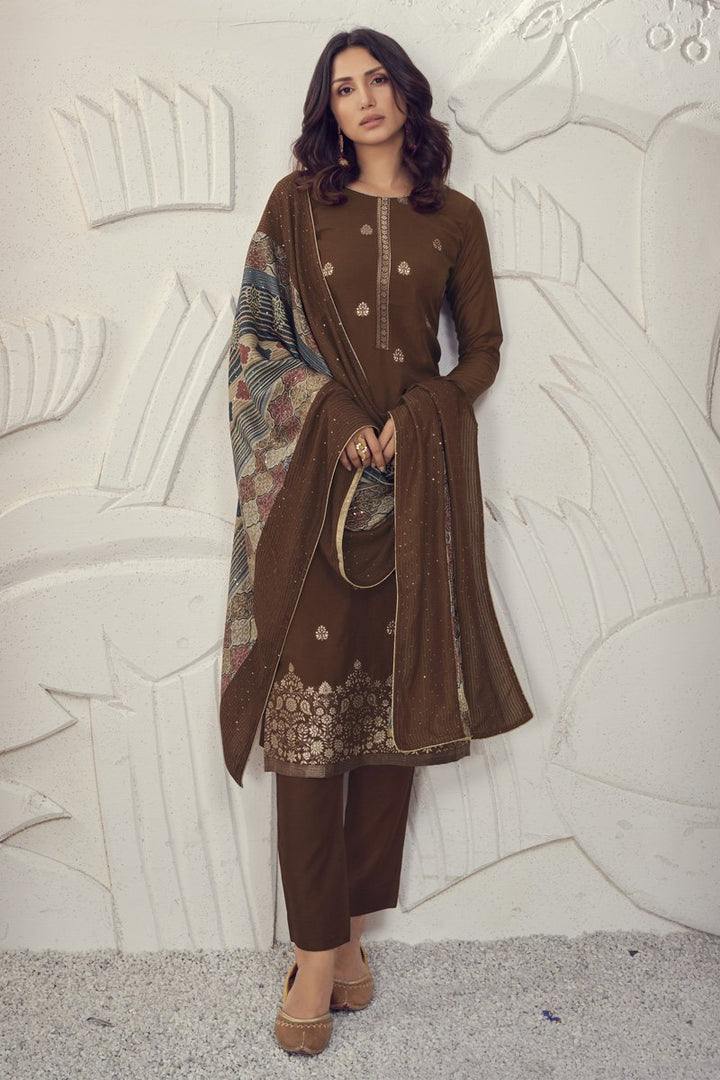 Jacquard Function Wear Weaving Work Fancy Salwar Suit In Brown