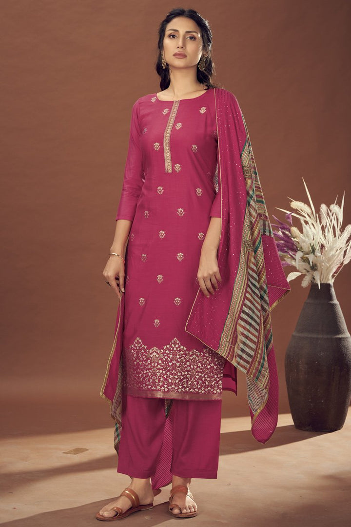 Pink Jacquard Fabric Festive Wear Weaving Work Salwar Kameez