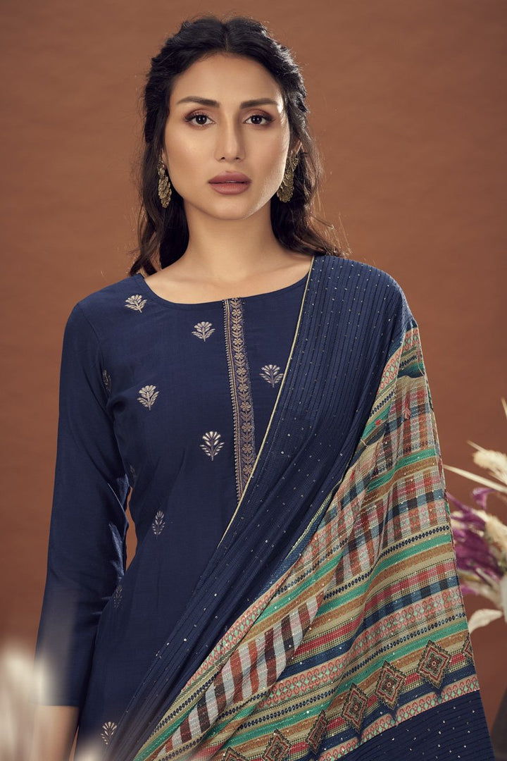 Festive Wear Jacquard Fabric Navy Blue Weaving Work Designer Salwar Kameez