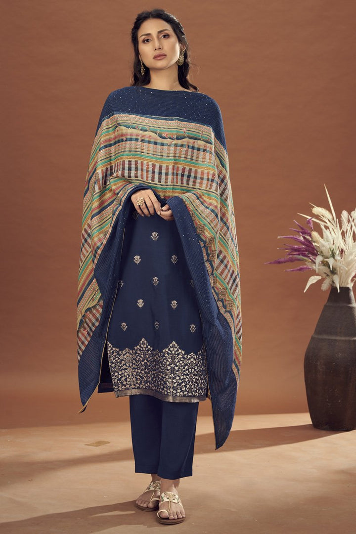 Festive Wear Jacquard Fabric Navy Blue Weaving Work Designer Salwar Kameez
