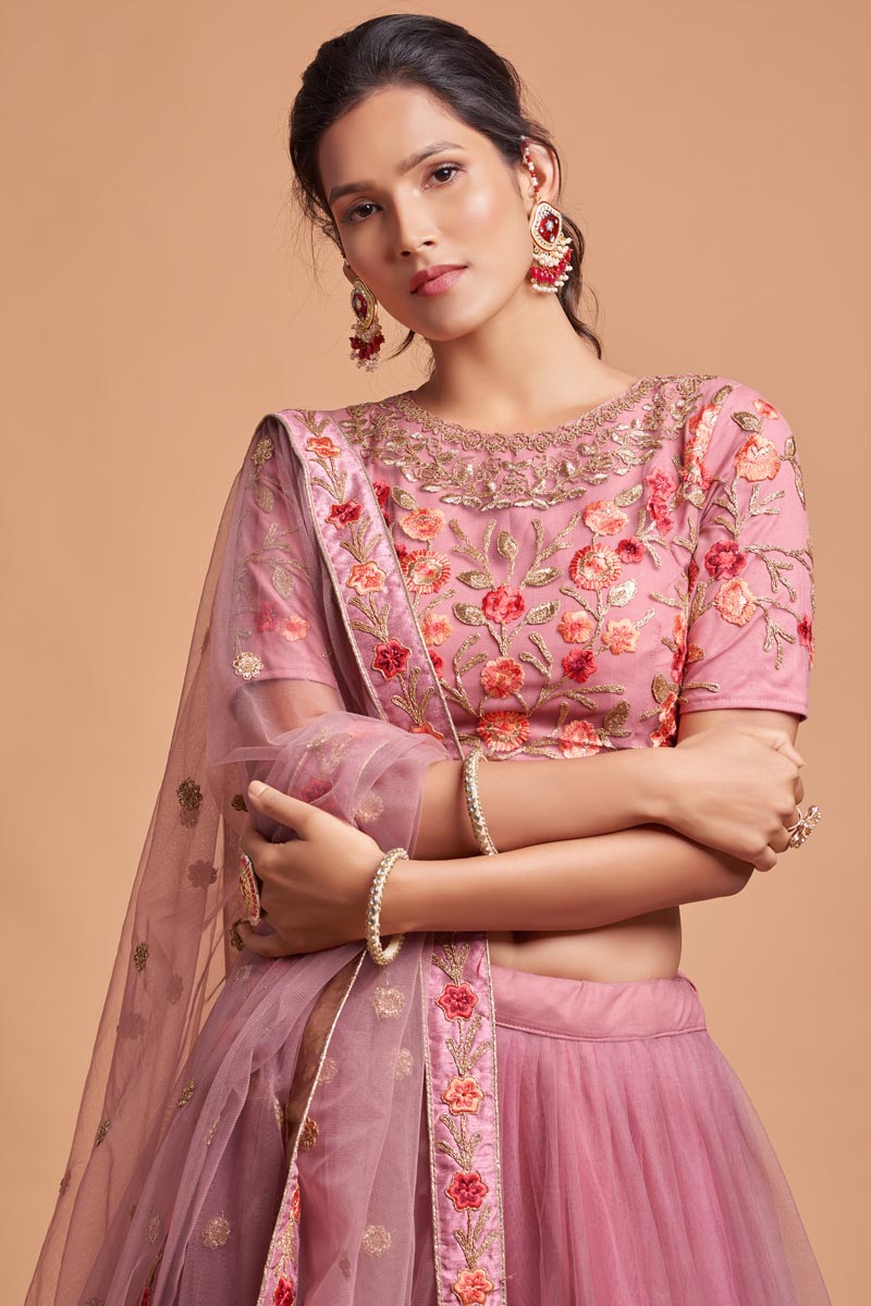 Sangeet Wear Net Fabric Classic Pink Color Lehenga With Embroidered Designs