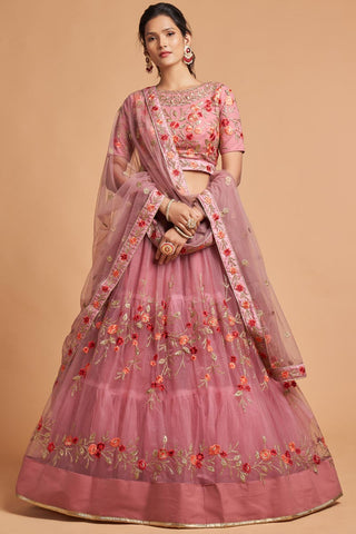 Sangeet Wear Net Fabric Classic Pink Color Lehenga With Embroidered Designs