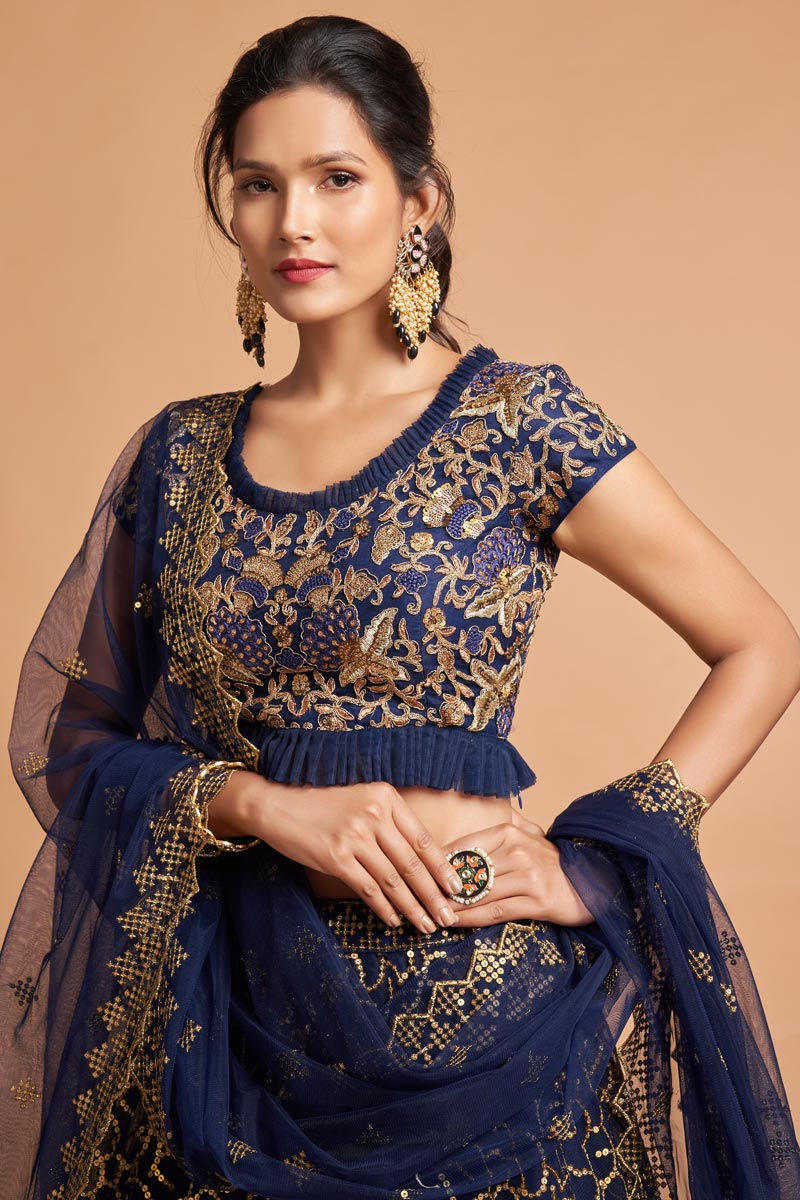 Net Fabric Navy Blue Color Enthralling Sangeet Wear Lehenga With Embroidered Work