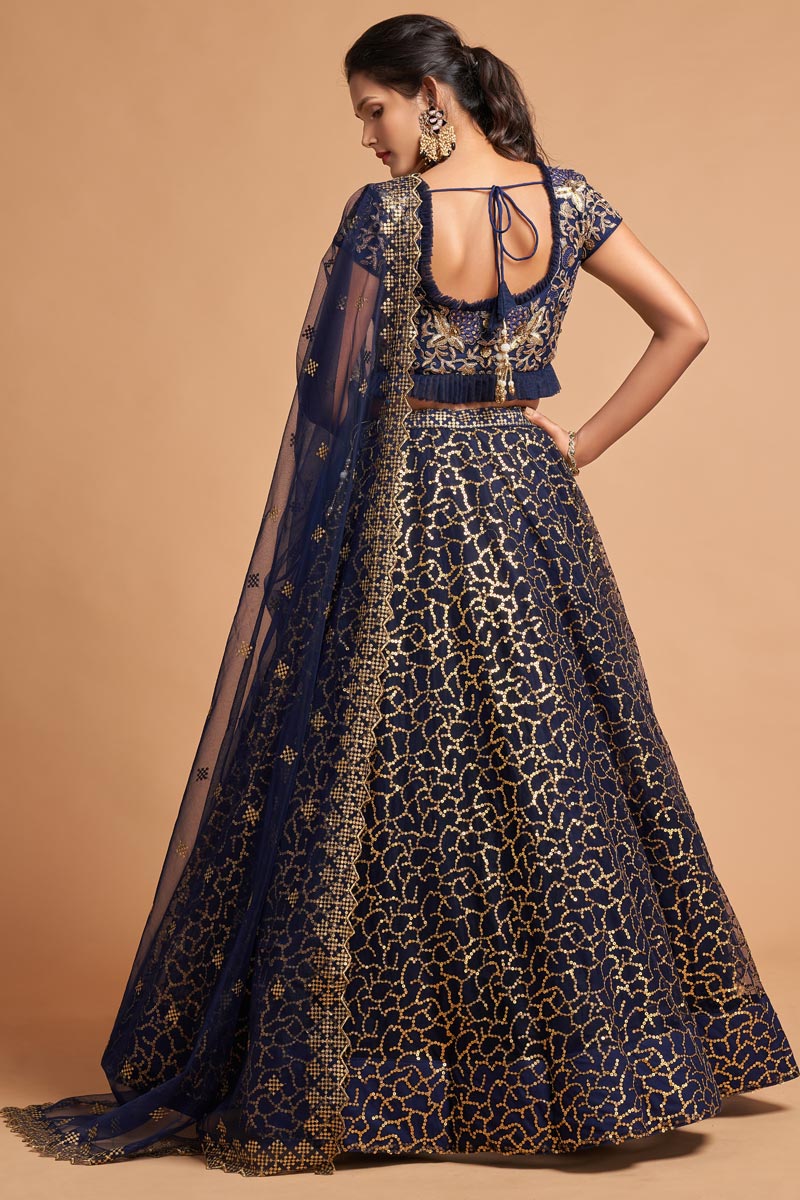 Net Fabric Navy Blue Color Enthralling Sangeet Wear Lehenga With Embroidered Work