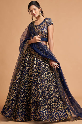 Net Fabric Navy Blue Color Enthralling Sangeet Wear Lehenga With Embroidered Work