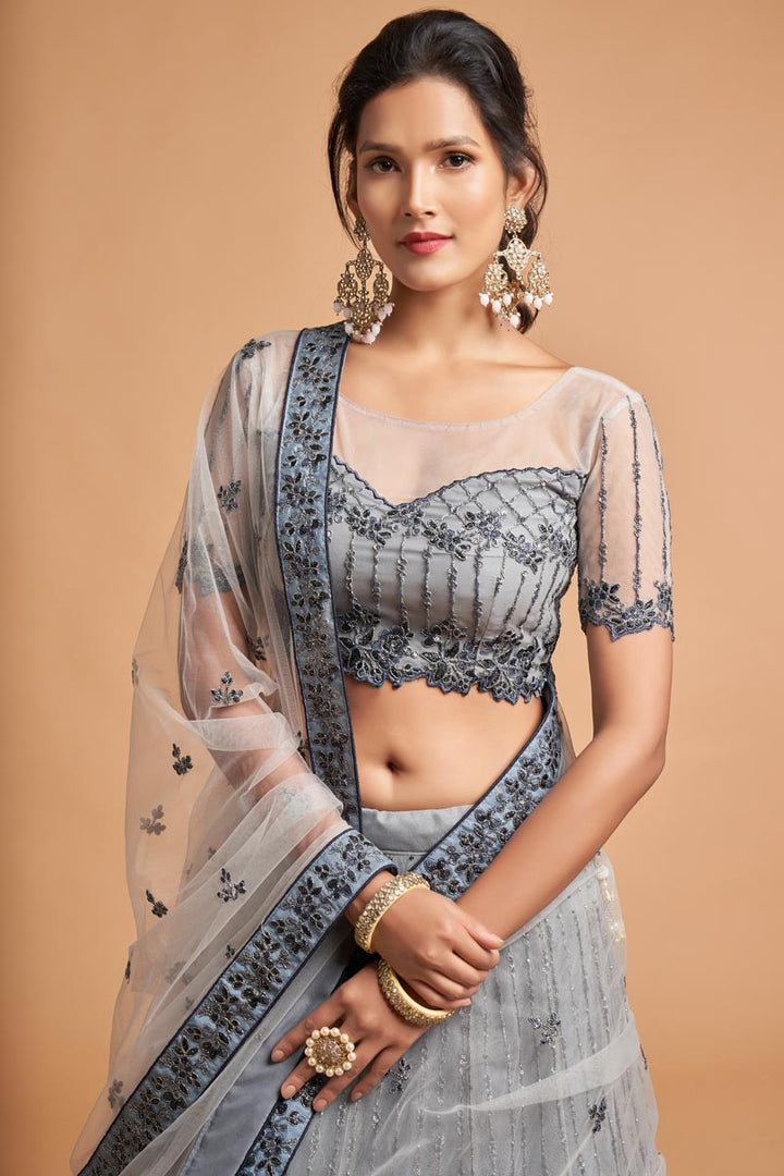 Admirable Net Fabric Embroidered Work Grey Color Lehenga In Sangeet Wear