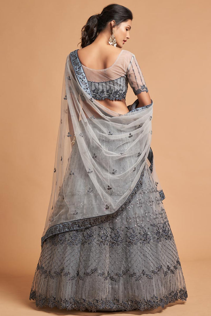Admirable Net Fabric Embroidered Work Grey Color Lehenga In Sangeet Wear