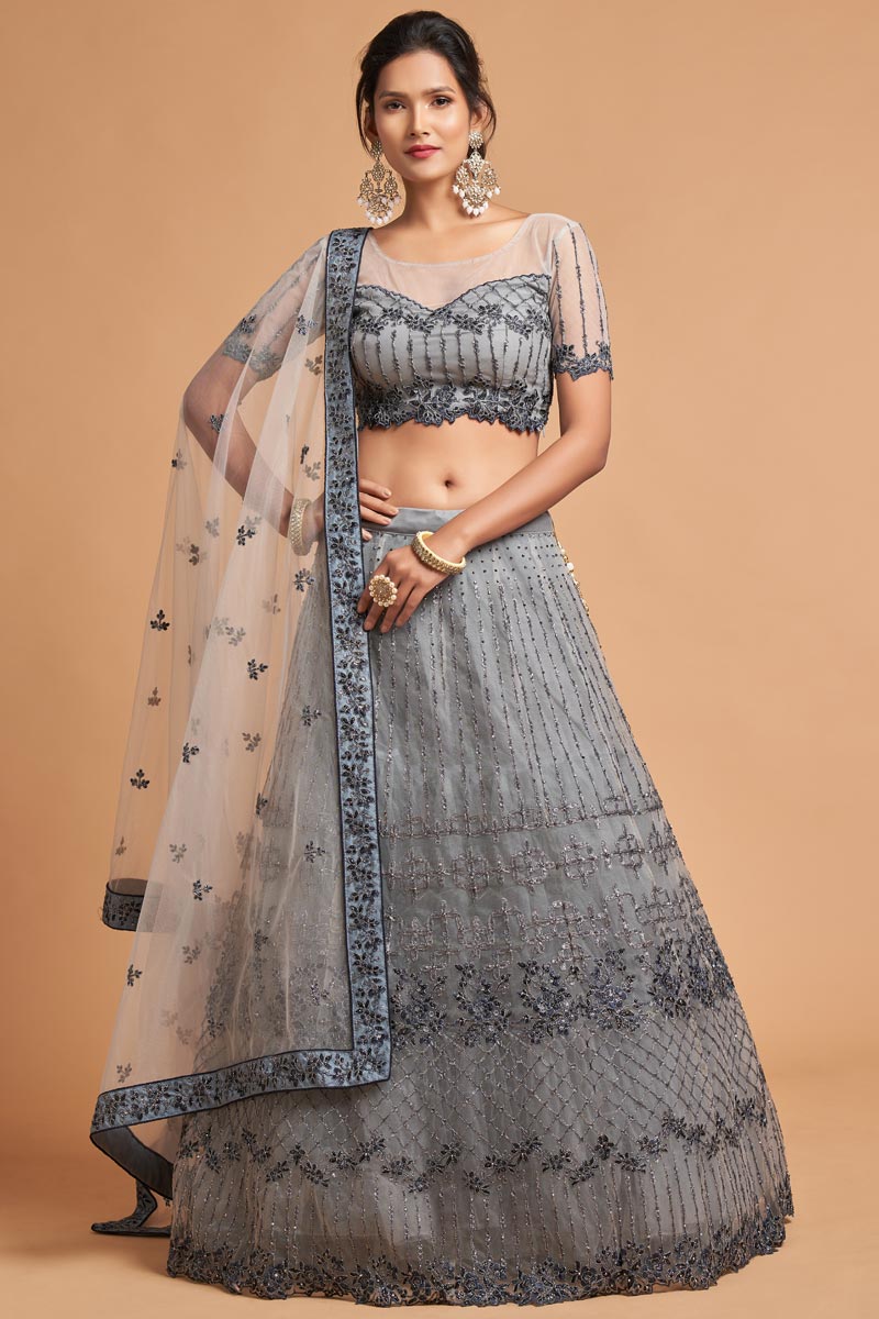 Admirable Net Fabric Embroidered Work Grey Color Lehenga In Sangeet Wear