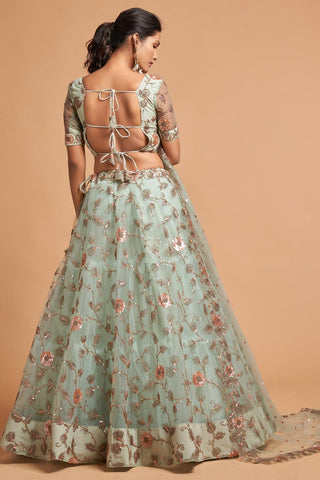 Net Fabric Sangeet Wear Sea Green Color Provocative Lehenga With Embroidered Work