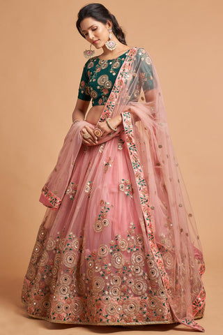 Embroidered Work Peach Color Net Fabric Divine Lehenga In Sangeet Wear