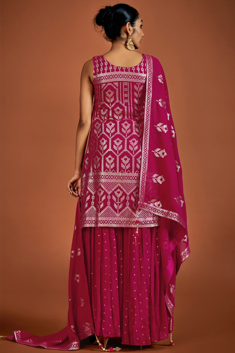 Georgette Sequins Magenta Straight Sharara Suit