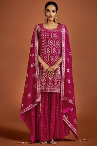 Georgette Sequins Magenta Straight Sharara Suit