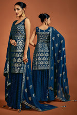 Load image into Gallery viewer, Georgette Sequins Navy Blue Straight Sharara Suit
