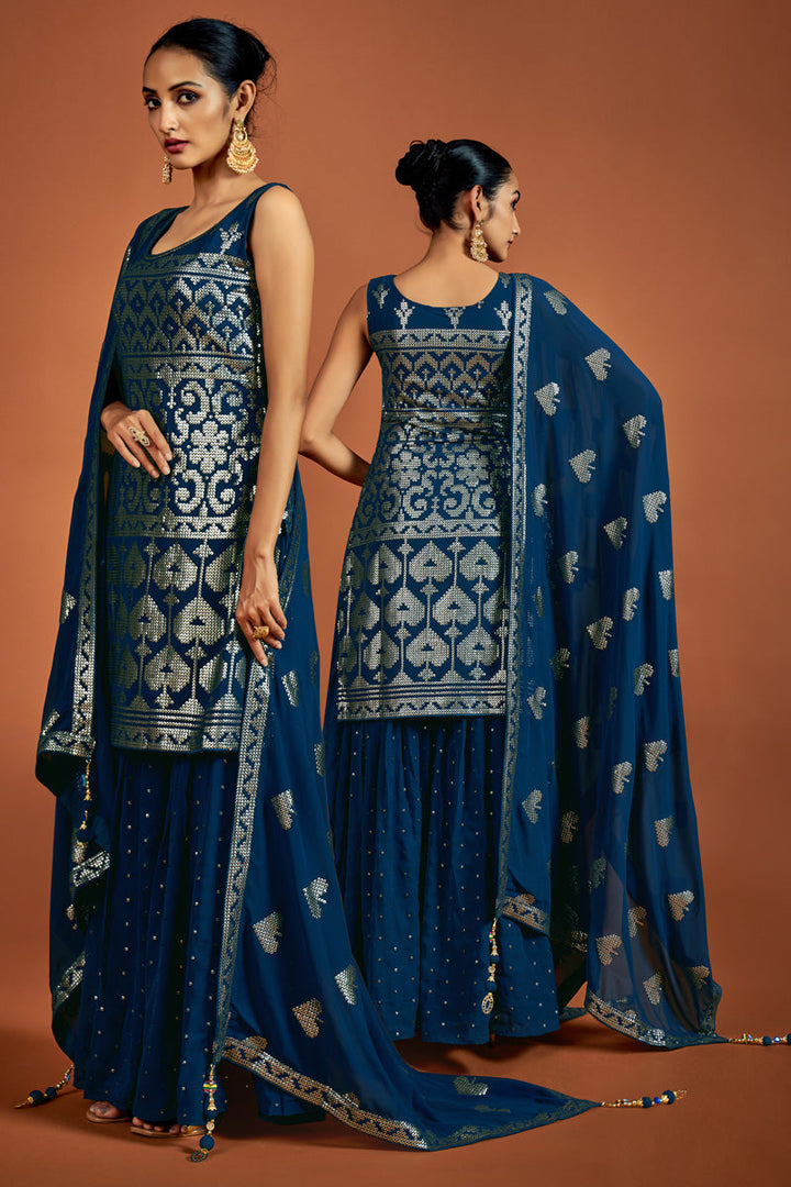 Georgette Sequins Navy Blue Straight Sharara Suit