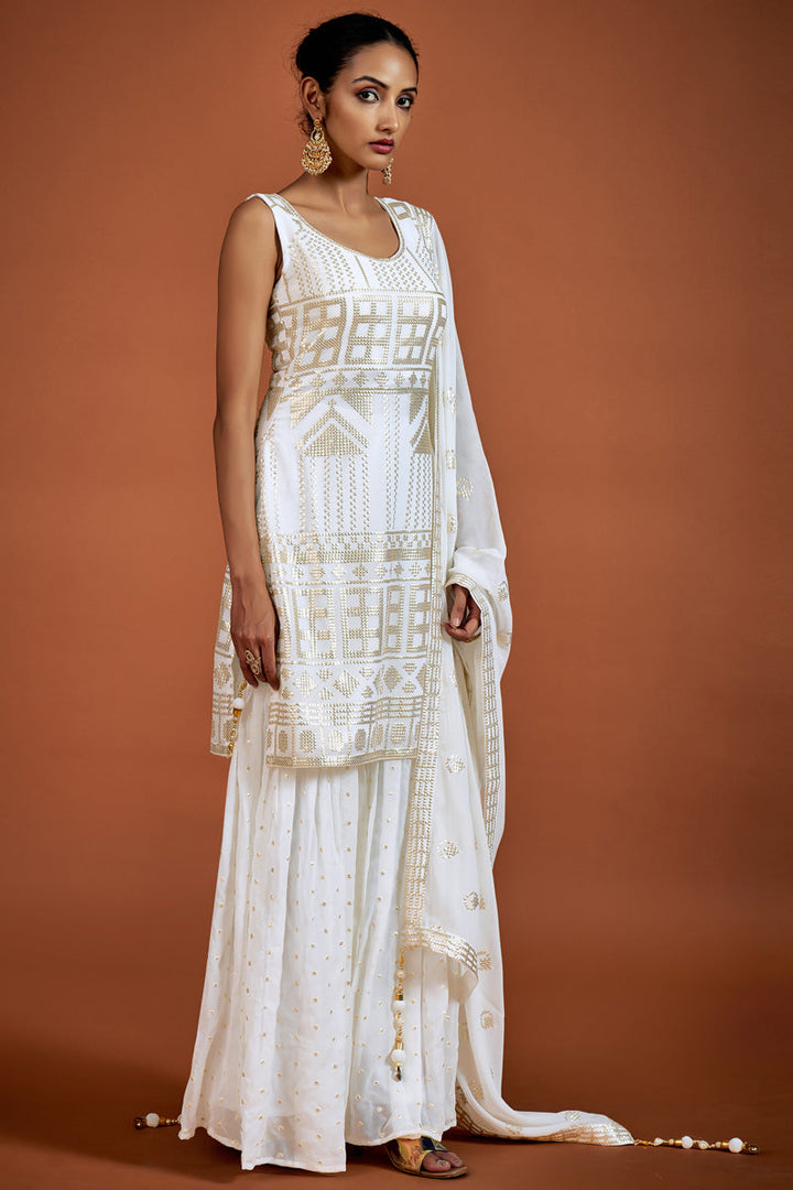 White Sequins Georgette Sharara Suit