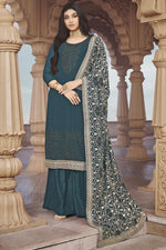 Load image into Gallery viewer, Georgette Gorgeous Teal Color Function Wear Palazzo Suit With Embroidered Dupatta
