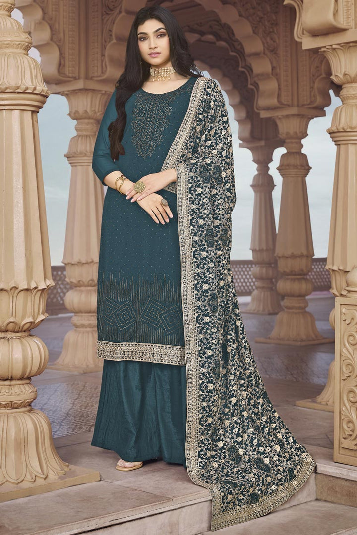 Georgette Gorgeous Teal Color Function Wear Palazzo Suit With Embroidered Dupatta