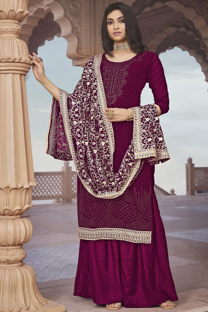 Georgette Wine Festive Wear Palazzo Suit With Embroidered Dupatta
