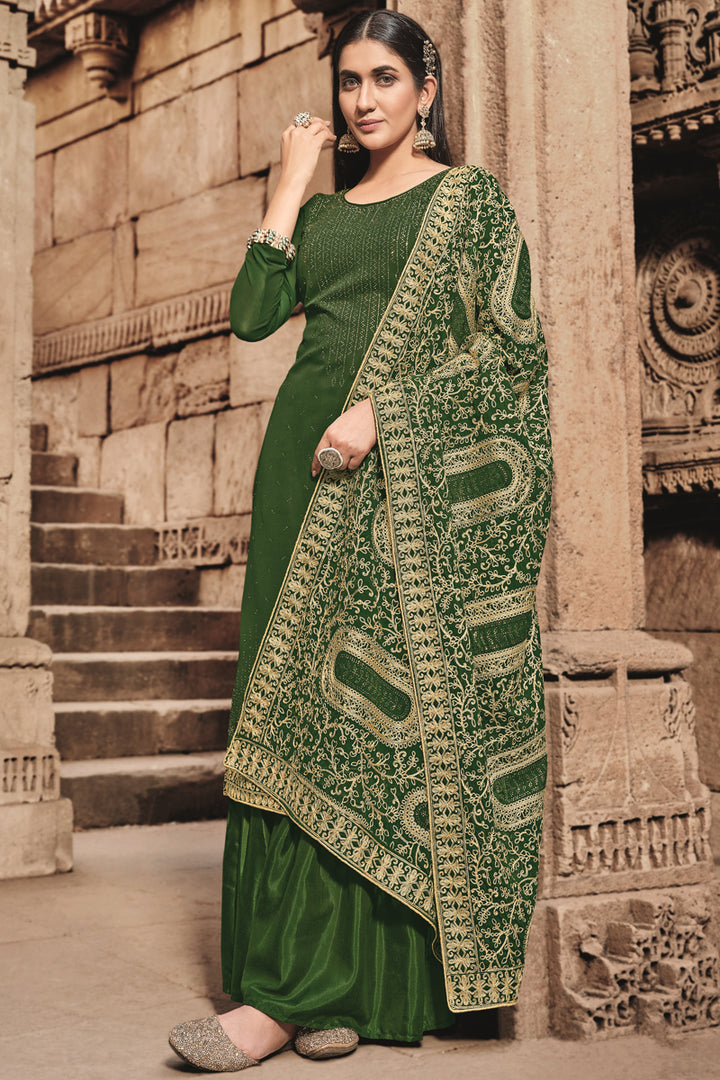 Georgette Fabric Vintage Stone Work Palazzo Suit In Green Color
